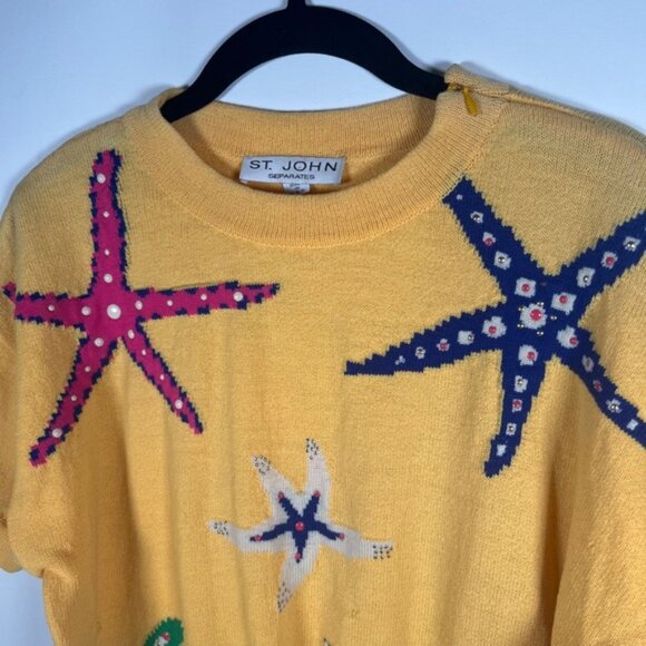 ST. JOHN SEPARATES Made in USA 🇺🇸 Starfish Print Knit Top Sz M & Shorts Sz 10 - Picture 3 of 16